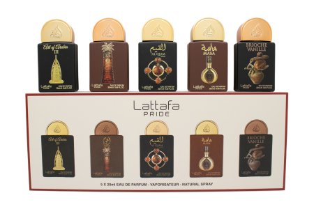 Lattafa Pride Gift Set Collection No.4 - 5 x 20ml (This set contains: 
Art of Arabia III 
Ajwaa
Al Qiam Gold
Masa
Brioche Vanille)